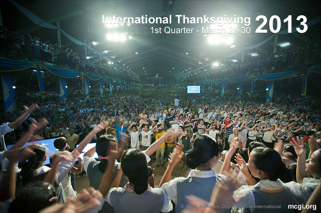 At the ADD Convention Center in Pampanga, Philippines, members stand up to praise God during an International Thanksgiving.