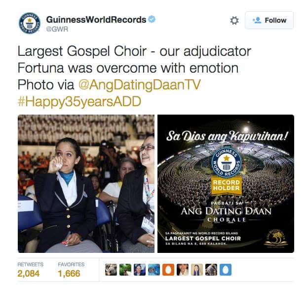 The tweet of @GWR, the official Twitter handle of the Guinness World Records, about the Ang Dating Daan Chorale's achievement and the overwhelmed reaction of its adjudicator, Ms. Fortuna Burke Melhem. 