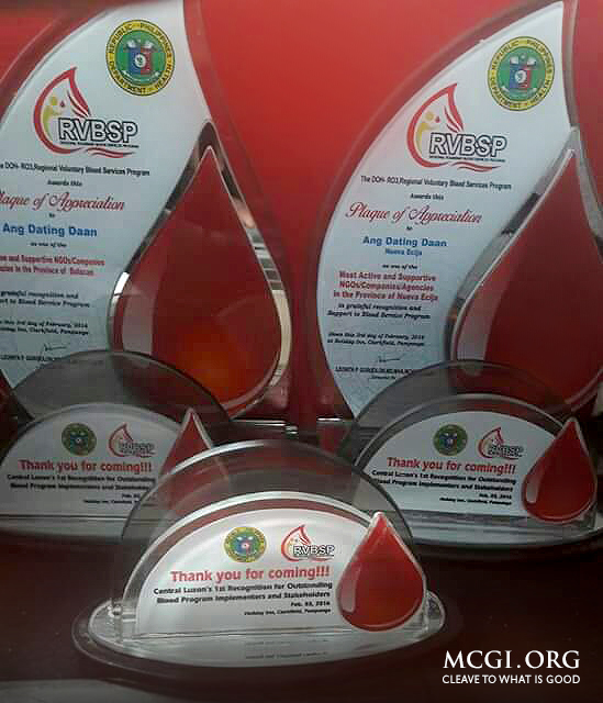 Awards given by the Department of Health to MCGI during the 1st Recognition for Outstanding Blood Program Implementers and Stakeholders 2016. (Photo courtesy of Photoville International)