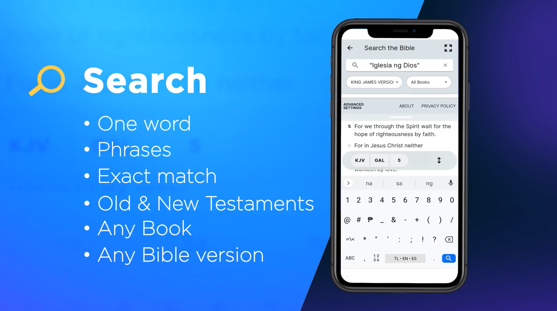 The image lists down the search feature of the Digital Bible app